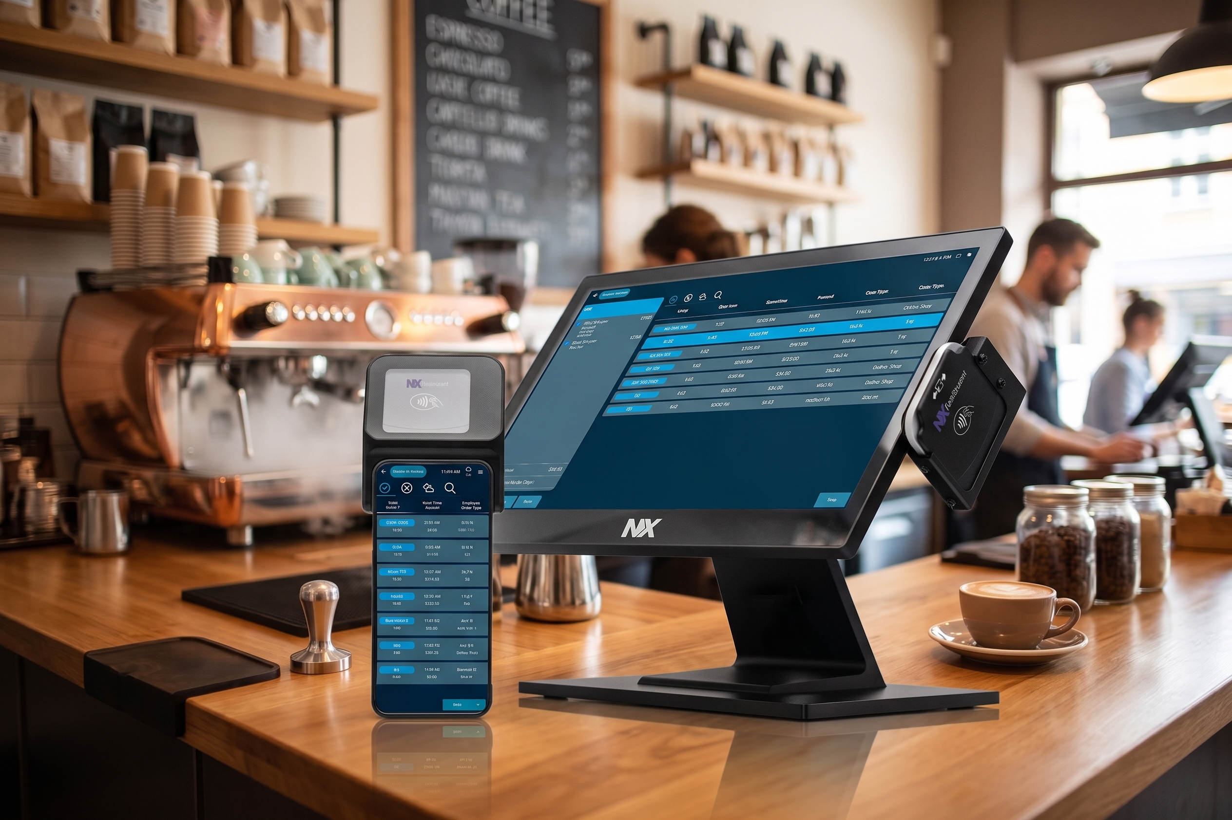 All-in-one POS station and handheld in a quick service cafe.